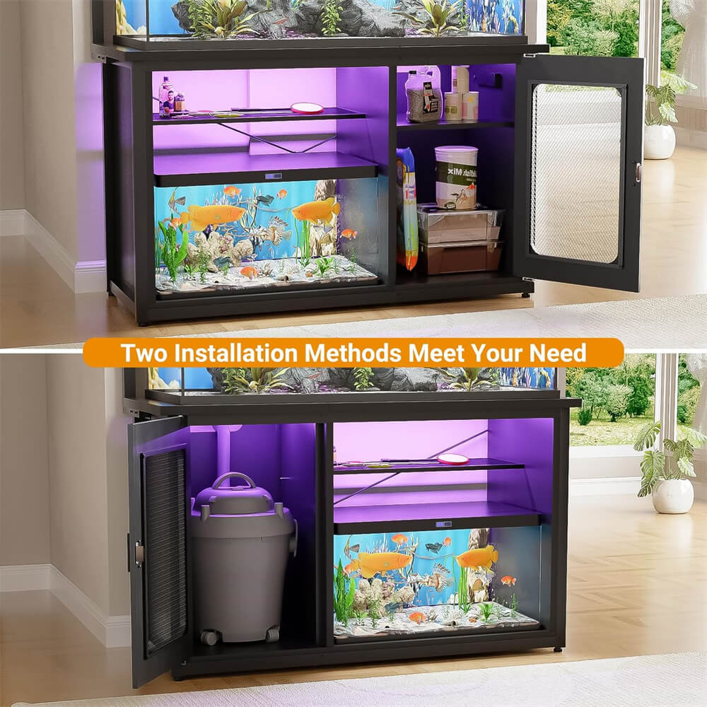 55-75 Gallon Fish Tank Stand with Power Outlets & LED Light, Heavy Duty Aquarium Stand with Reversible Cabinet and Top Shelf