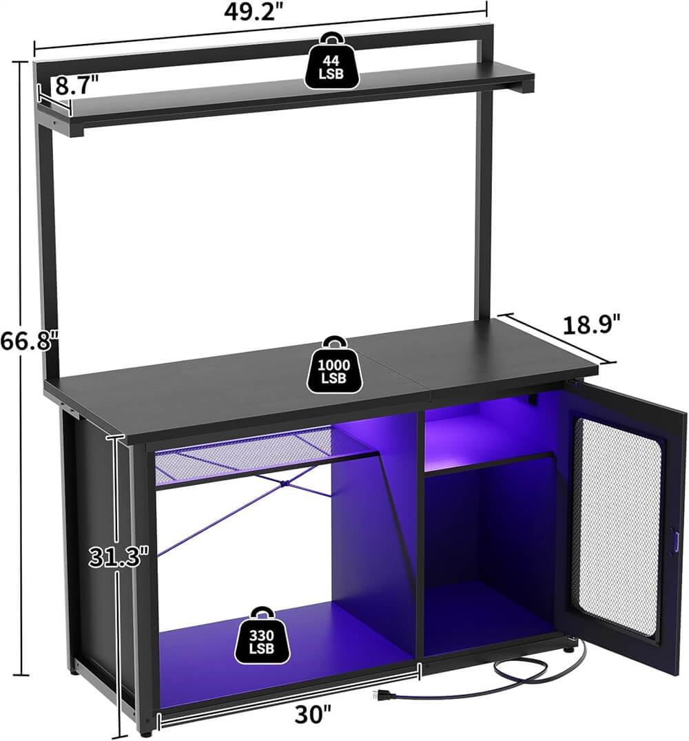 55-75 Gallon Fish Tank Stand with Power Outlets & LED Light, Heavy Duty Aquarium Stand with Reversible Cabinet and Top Shelf