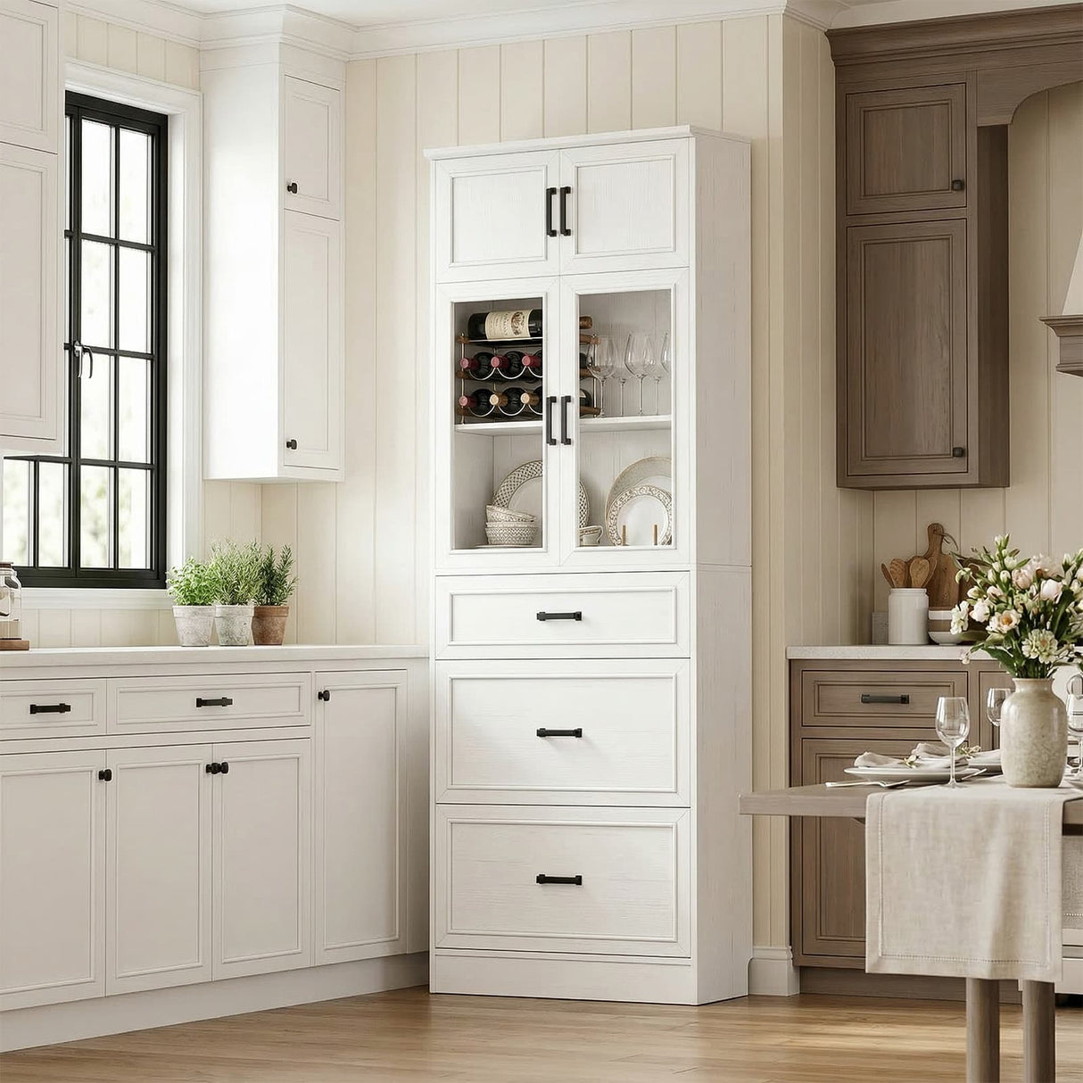 80" Tall Kitchen Pantry Storage Cabinet with Drawers and Glass Doors, Off-White