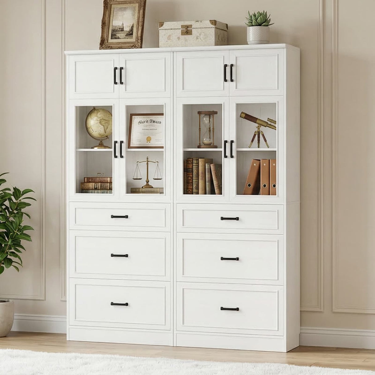 80" Tall Kitchen Pantry Storage Cabinet with Drawers and Glass Doors, Off-White