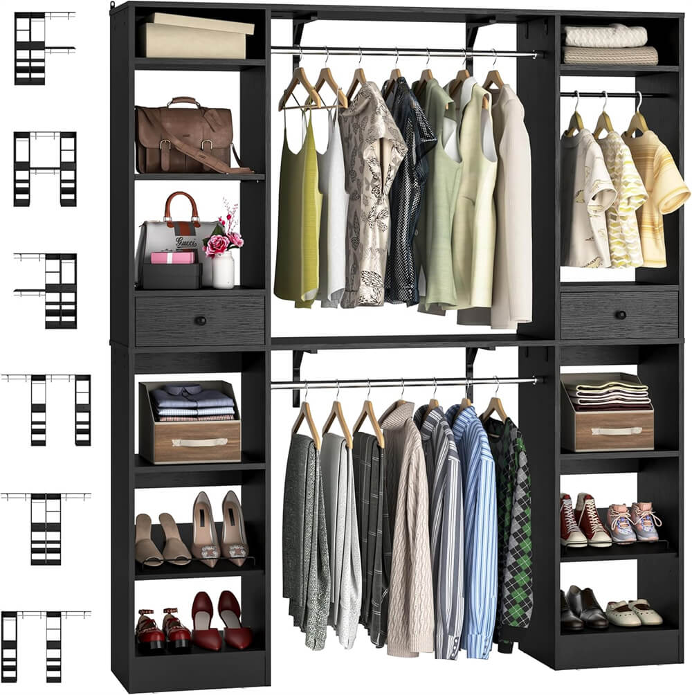 58'' W - 90'' W Walk In Closet System, Large Heavy Duty Closet Organizer System with 2 Drawers, 3 Hanging Rods, and 13 Shelves, Reversible Design