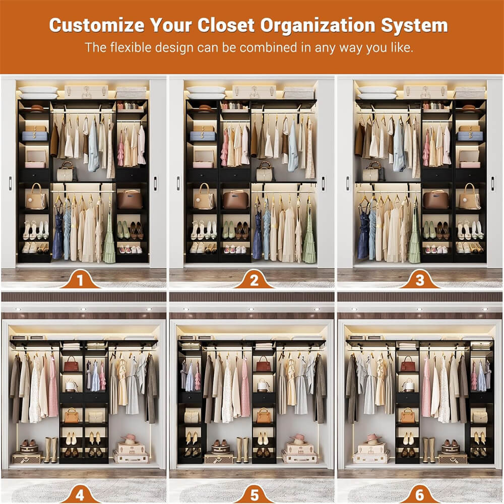 58'' W - 90'' W Walk In Closet System, Large Heavy Duty Closet Organizer System with 2 Drawers, 3 Hanging Rods, and 13 Shelves, Reversible Design