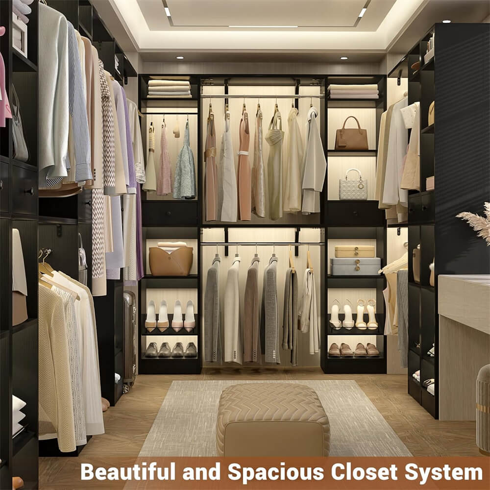 58'' W - 90'' W Walk In Closet System, Large Heavy Duty Closet Organizer System with 2 Drawers, 3 Hanging Rods, and 13 Shelves, Reversible Design