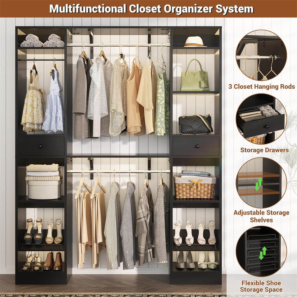 58'' W - 90'' W Walk In Closet System, Large Heavy Duty Closet Organizer System with 2 Drawers, 3 Hanging Rods, and 13 Shelves, Reversible Design