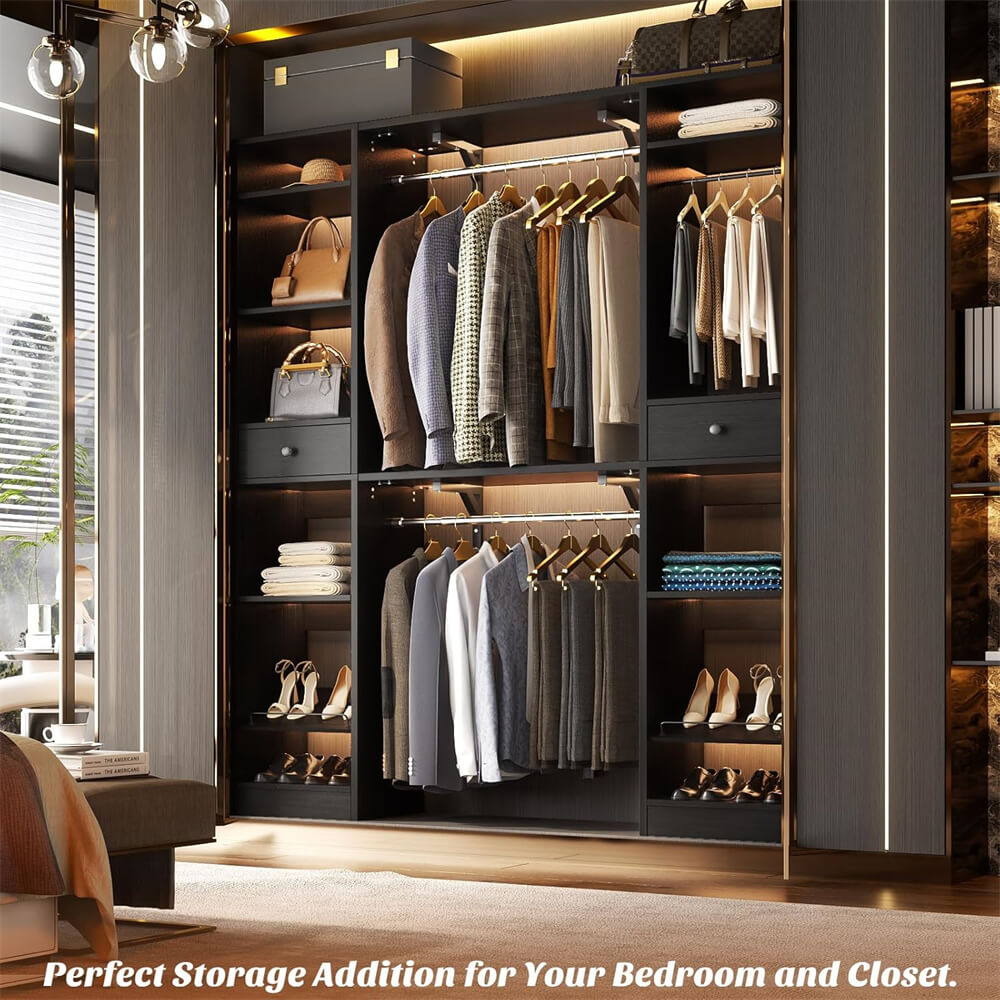 58'' W - 90'' W Walk In Closet System, Large Heavy Duty Closet Organizer System with 2 Drawers, 3 Hanging Rods, and 13 Shelves, Reversible Design