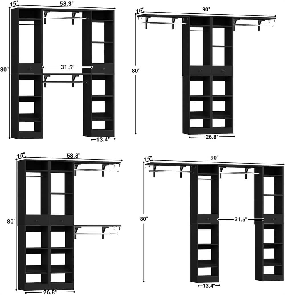 58'' W - 90'' W Walk In Closet System, Large Heavy Duty Closet Organizer System with 2 Drawers, 3 Hanging Rods, and 13 Shelves, Reversible Design