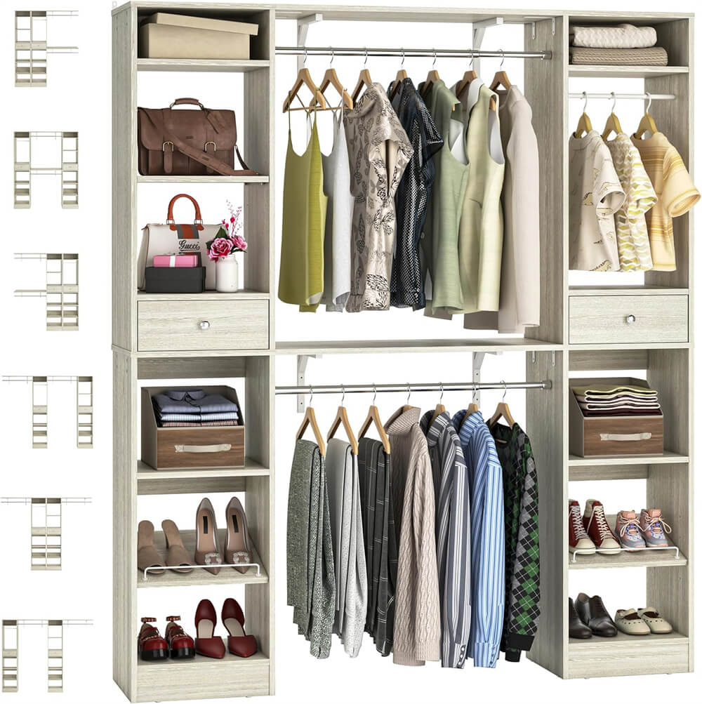 58'' W - 90'' W Walk In Closet System, Large Heavy Duty Closet Organizer System with 2 Drawers, 3 Hanging Rods, and 13 Shelves, Reversible Design