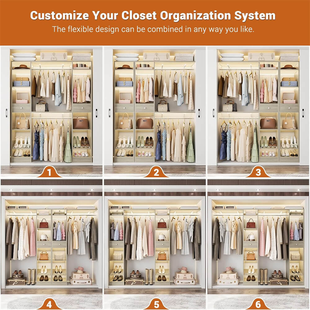 58'' W - 90'' W Walk In Closet System, Large Heavy Duty Closet Organizer System with 2 Drawers, 3 Hanging Rods, and 13 Shelves, Reversible Design