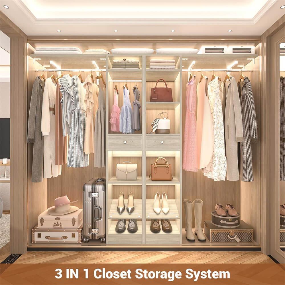58'' W - 90'' W Walk In Closet System, Large Heavy Duty Closet Organizer System with 2 Drawers, 3 Hanging Rods, and 13 Shelves, Reversible Design