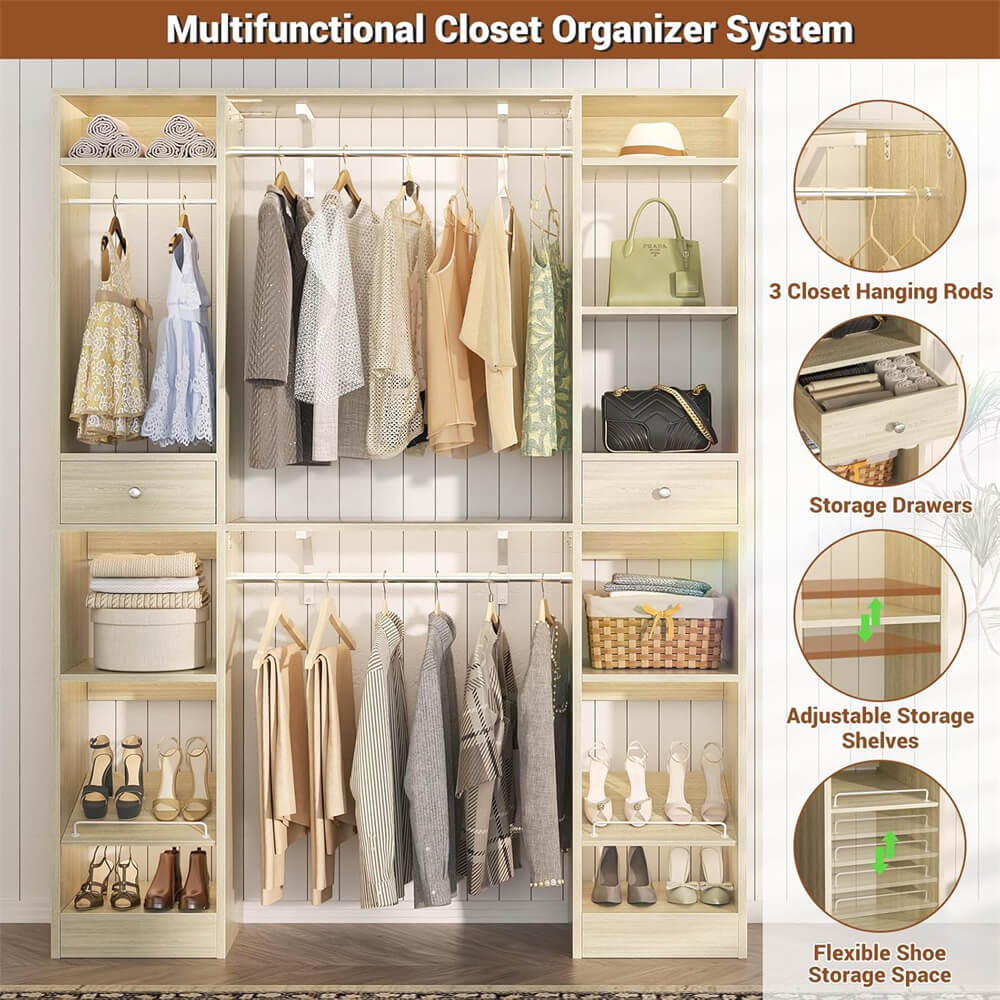 58'' W - 90'' W Walk In Closet System, Large Heavy Duty Closet Organizer System with 2 Drawers, 3 Hanging Rods, and 13 Shelves, Reversible Design