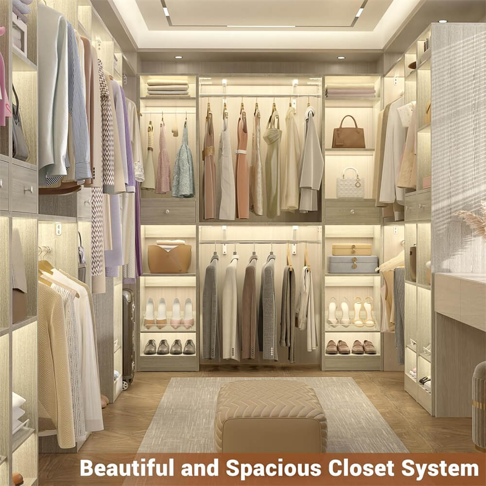 58'' W - 90'' W Walk In Closet System, Large Heavy Duty Closet Organizer System with 2 Drawers, 3 Hanging Rods, and 13 Shelves, Reversible Design