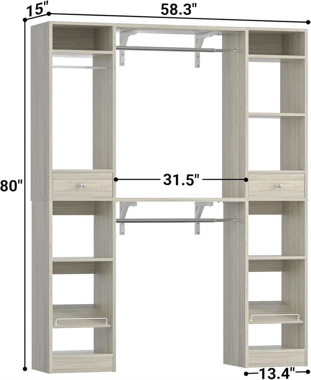 58'' W - 90'' W Walk In Closet System, Large Heavy Duty Closet Organizer System with 2 Drawers, 3 Hanging Rods, and 13 Shelves, Reversible Design