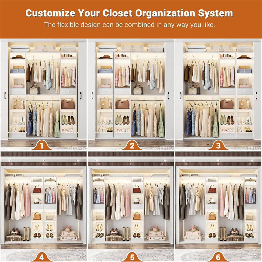 58'' W - 90'' W Walk In Closet System, Large Heavy Duty Closet Organizer System with 2 Drawers, 3 Hanging Rods, and 13 Shelves, Reversible Design