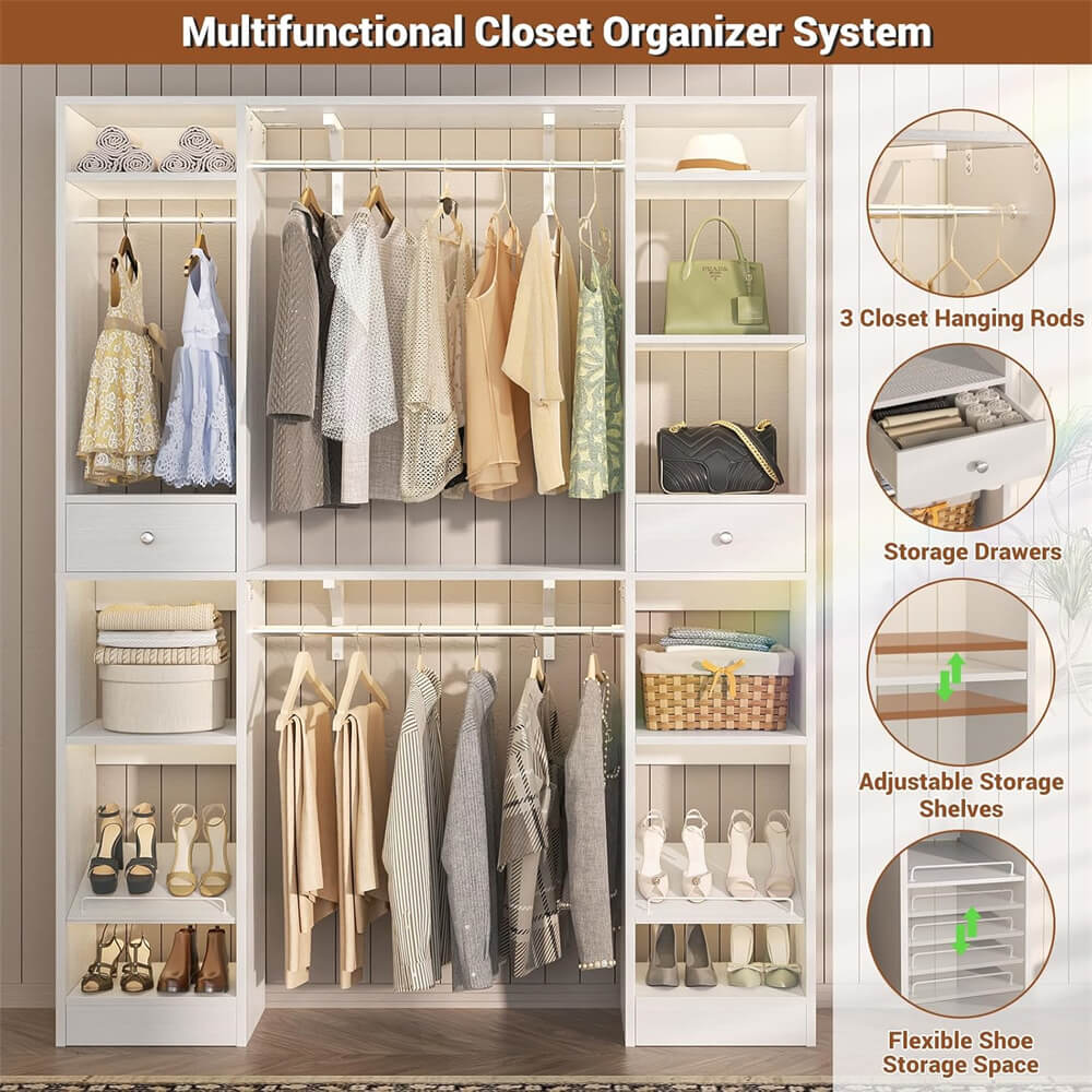 58'' W - 90'' W Walk In Closet System, Large Heavy Duty Closet Organizer System with 2 Drawers, 3 Hanging Rods, and 13 Shelves, Reversible Design