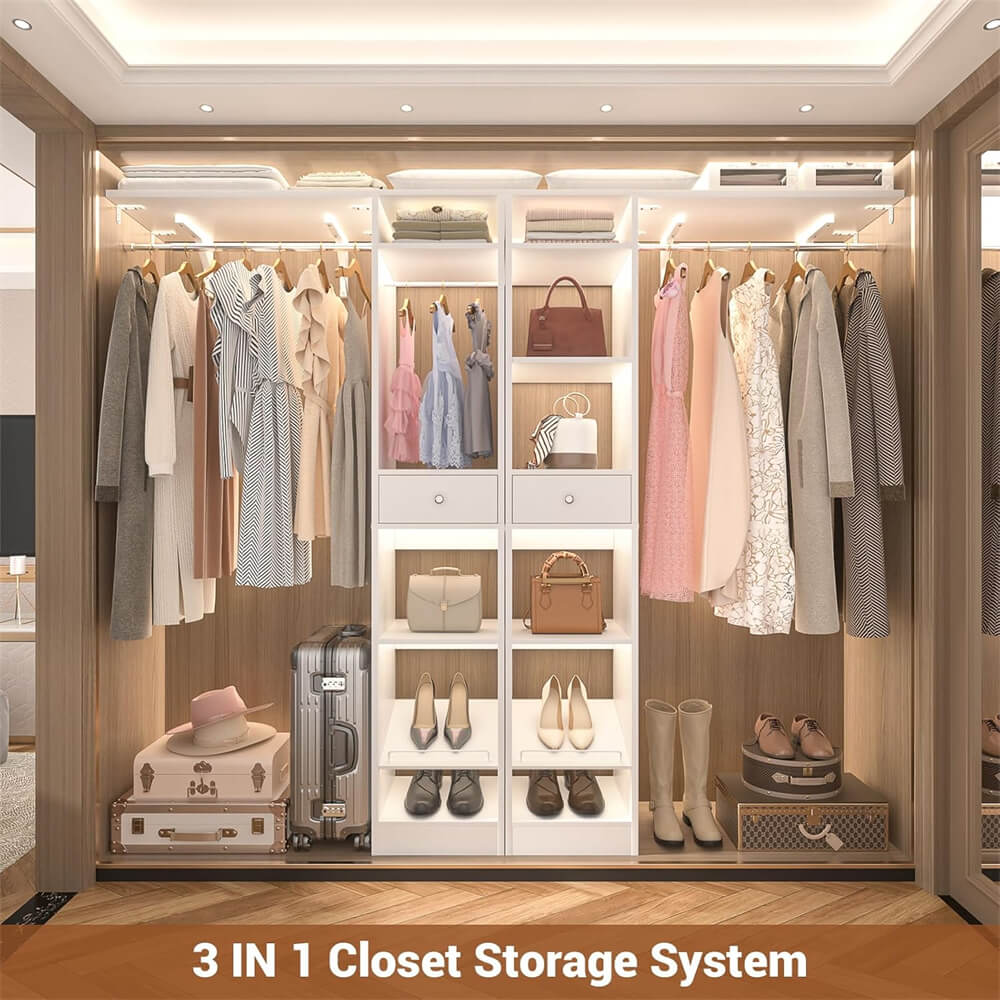 58'' W - 90'' W Walk In Closet System, Large Heavy Duty Closet Organizer System with 2 Drawers, 3 Hanging Rods, and 13 Shelves, Reversible Design