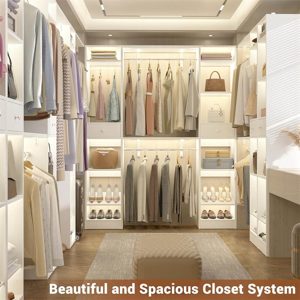 58'' W - 90'' W Walk In Closet System, Large Heavy Duty Closet Organizer System with 2 Drawers, 3 Hanging Rods, and 13 Shelves, Reversible Design