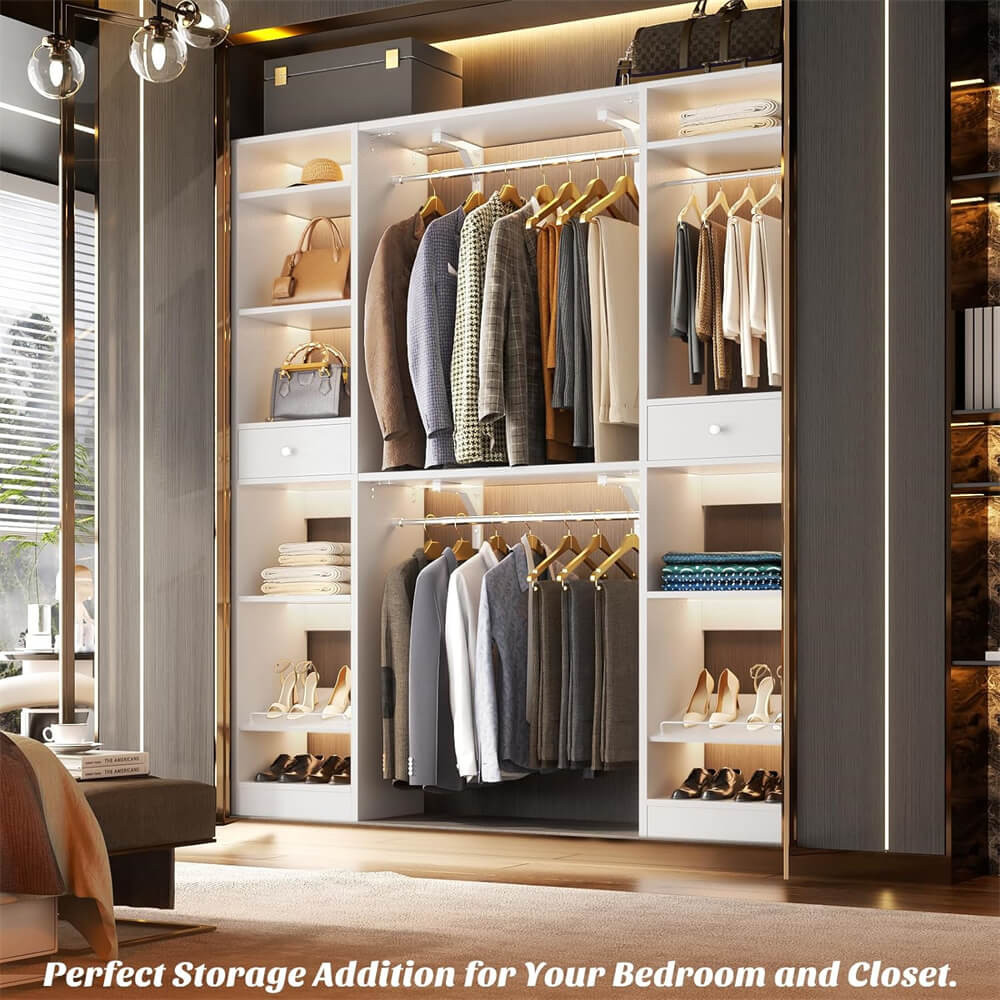 58'' W - 90'' W Walk In Closet System, Large Heavy Duty Closet Organizer System with 2 Drawers, 3 Hanging Rods, and 13 Shelves, Reversible Design