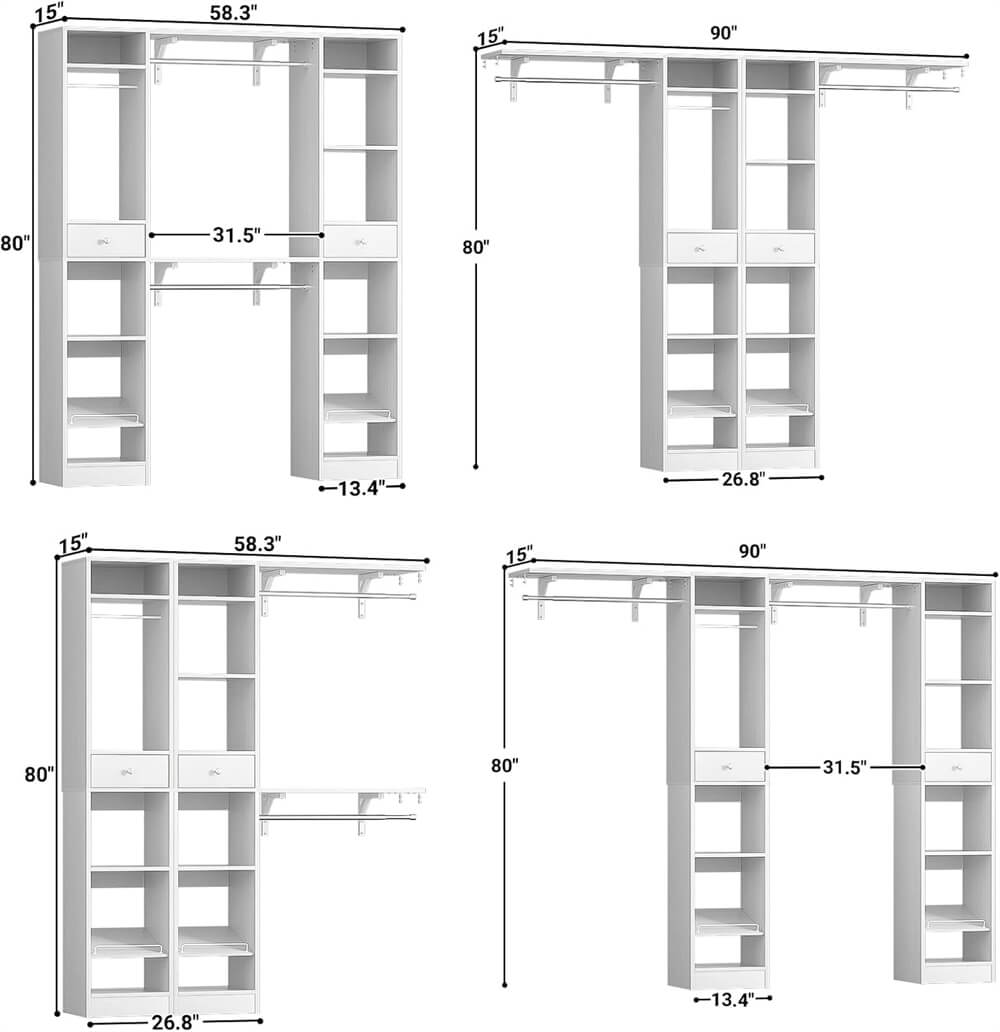 58'' W - 90'' W Walk In Closet System, Large Heavy Duty Closet Organizer System with 2 Drawers, 3 Hanging Rods, and 13 Shelves, Reversible Design