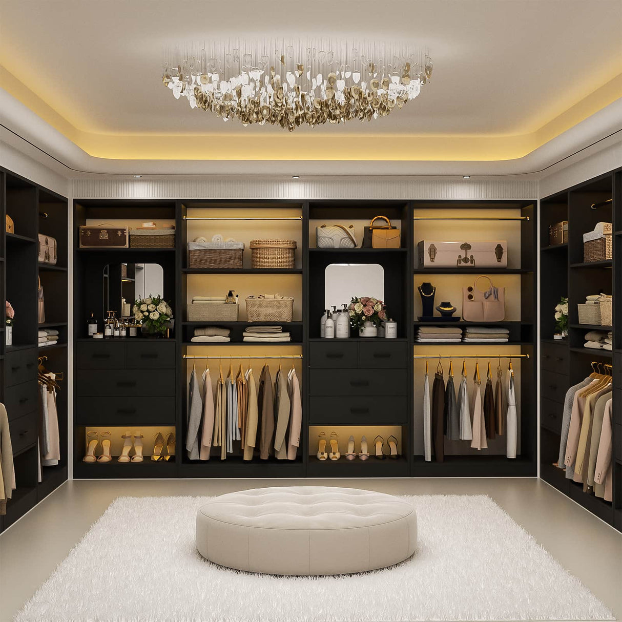 2-Piece Closet System with Mirror & Drawers, Walk-in Closet Organizer with Adjustable Shelves & Hanging Rods