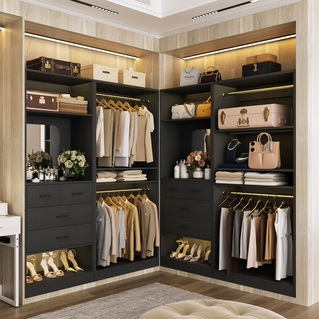 2-Piece Closet System with Mirror & Drawers, Walk-in Closet Organizer with Adjustable Shelves & Hanging Rods