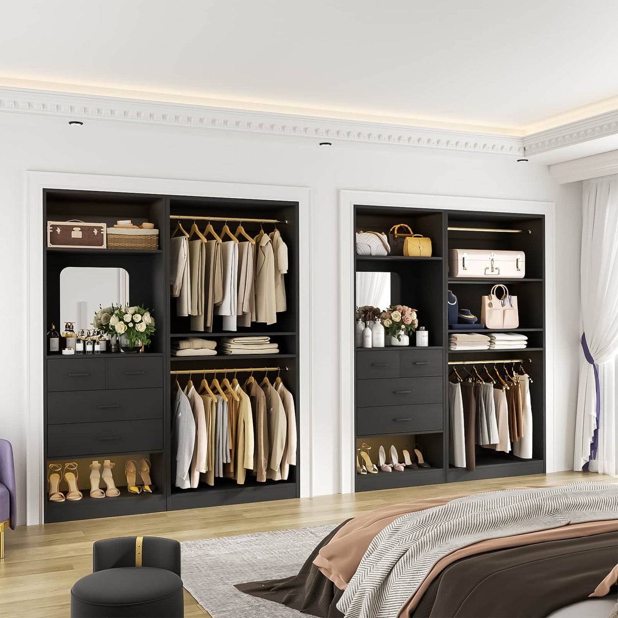 2-Piece Closet System with Mirror & Drawers, Walk-in Closet Organizer with Adjustable Shelves & Hanging Rods