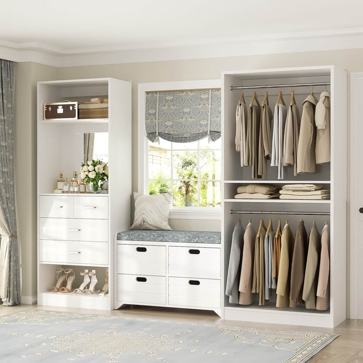 2-Piece Closet System with Mirror & Drawers, Walk-in Closet Organizer with Adjustable Shelves & Hanging Rods
