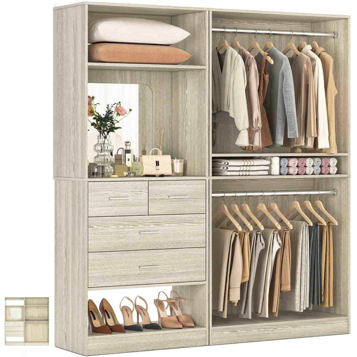 2-Piece Closet System with Mirror & Drawers, Walk-in Closet Organizer with Adjustable Shelves & Hanging Rods