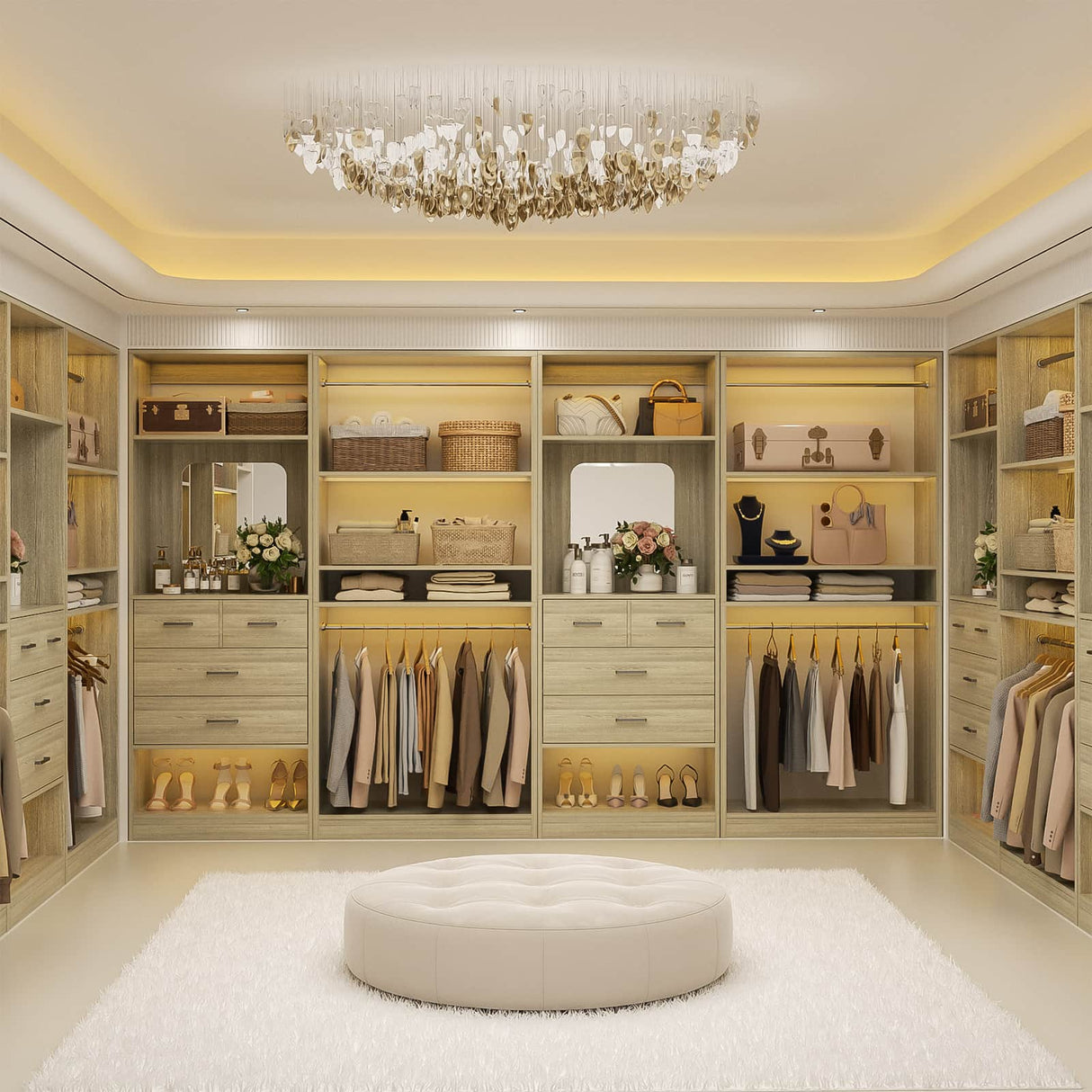 2-Piece Closet System with Mirror & Drawers, Walk-in Closet Organizer with Adjustable Shelves & Hanging Rods
