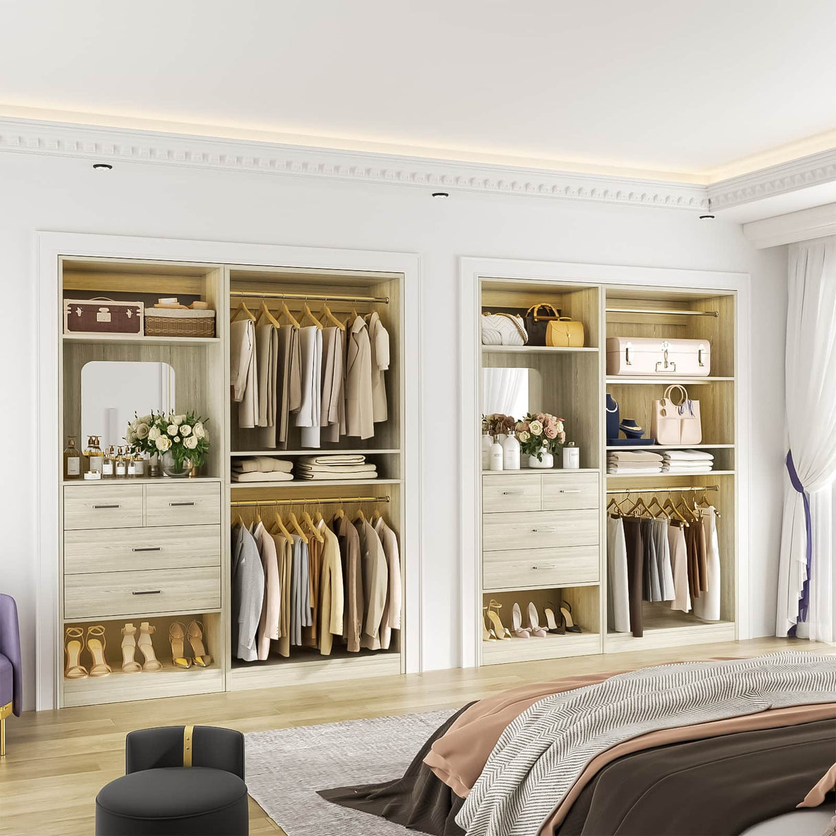 2-Piece Closet System with Mirror & Drawers, Walk-in Closet Organizer with Adjustable Shelves & Hanging Rods
