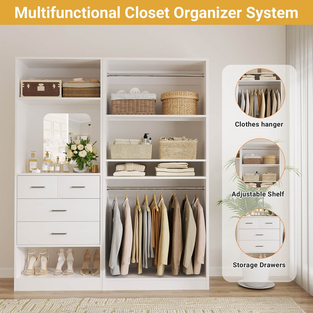 2-Piece Closet System with Mirror & Drawers, Walk-in Closet Organizer with Adjustable Shelves & Hanging Rods