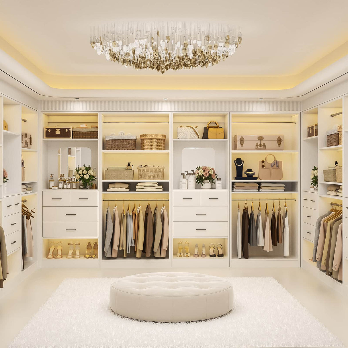 2-Piece Closet System with Mirror & Drawers, Walk-in Closet Organizer with Adjustable Shelves & Hanging Rods