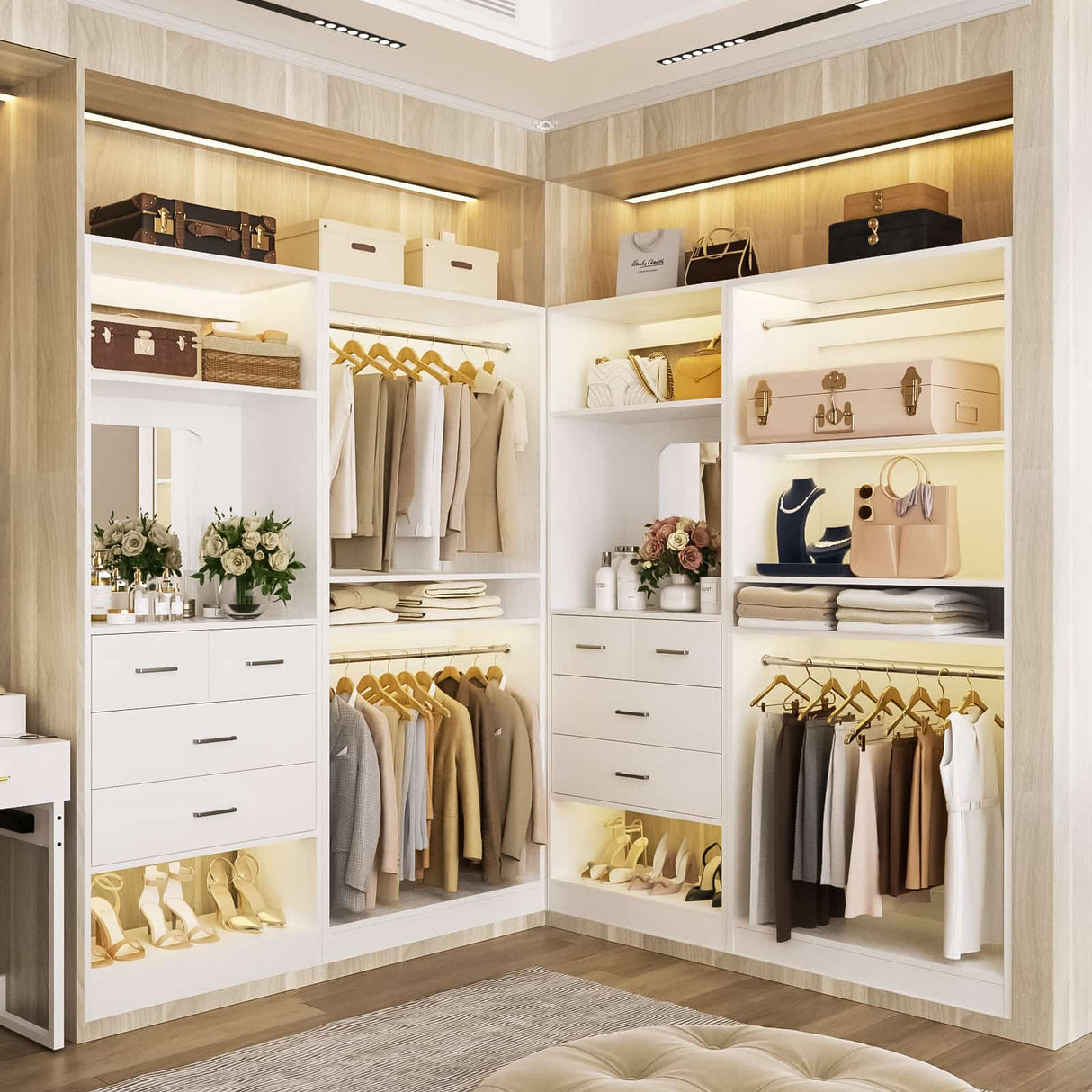 2-Piece Closet System with Mirror & Drawers, Walk-in Closet Organizer with Adjustable Shelves & Hanging Rods