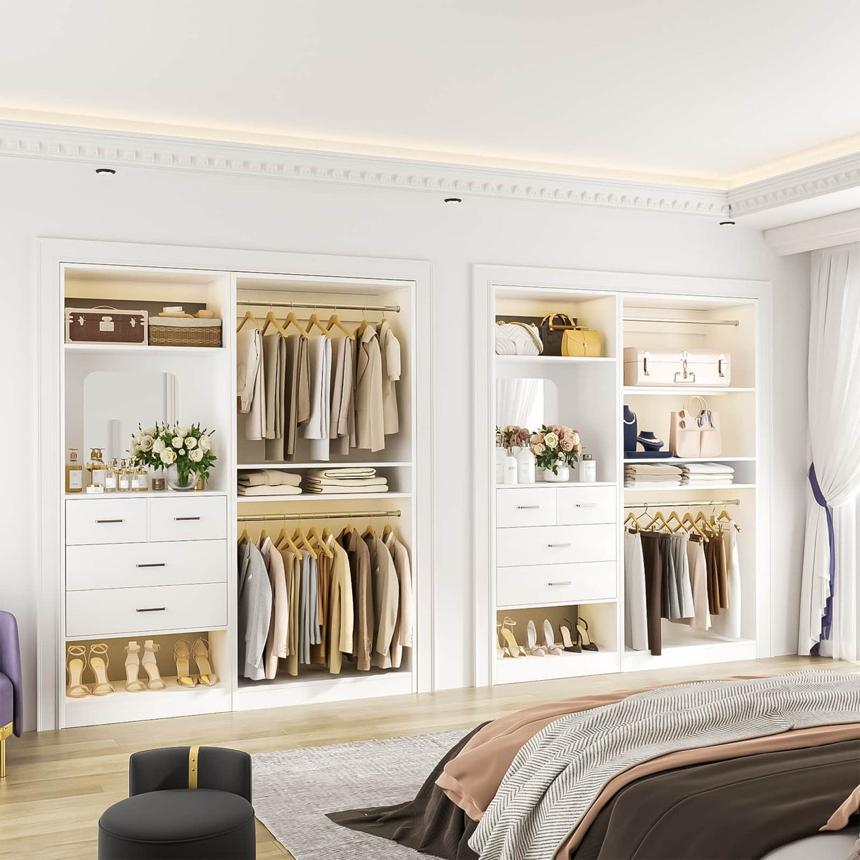 2-Piece Closet System with Mirror & Drawers, Walk-in Closet Organizer with Adjustable Shelves & Hanging Rods