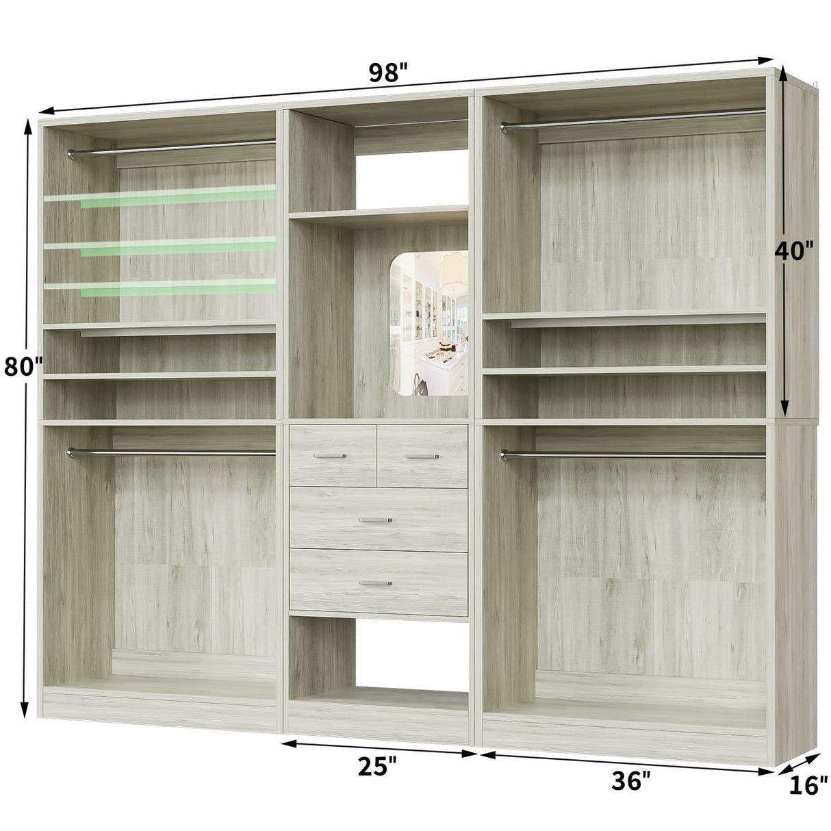 98” Closet System with Mirror & 4 Drawers, 8.2FT Heavy Duty Wood Closet Organizer with 4 Hanging Rods