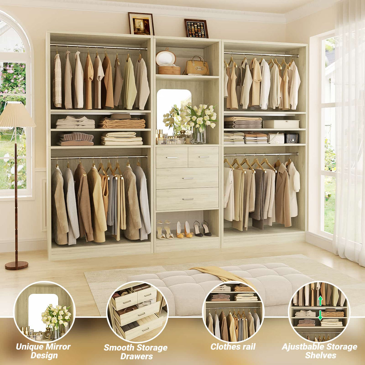 98” Closet System with Mirror & 4 Drawers, 8.2FT Heavy Duty Wood Closet Organizer with 4 Hanging Rods