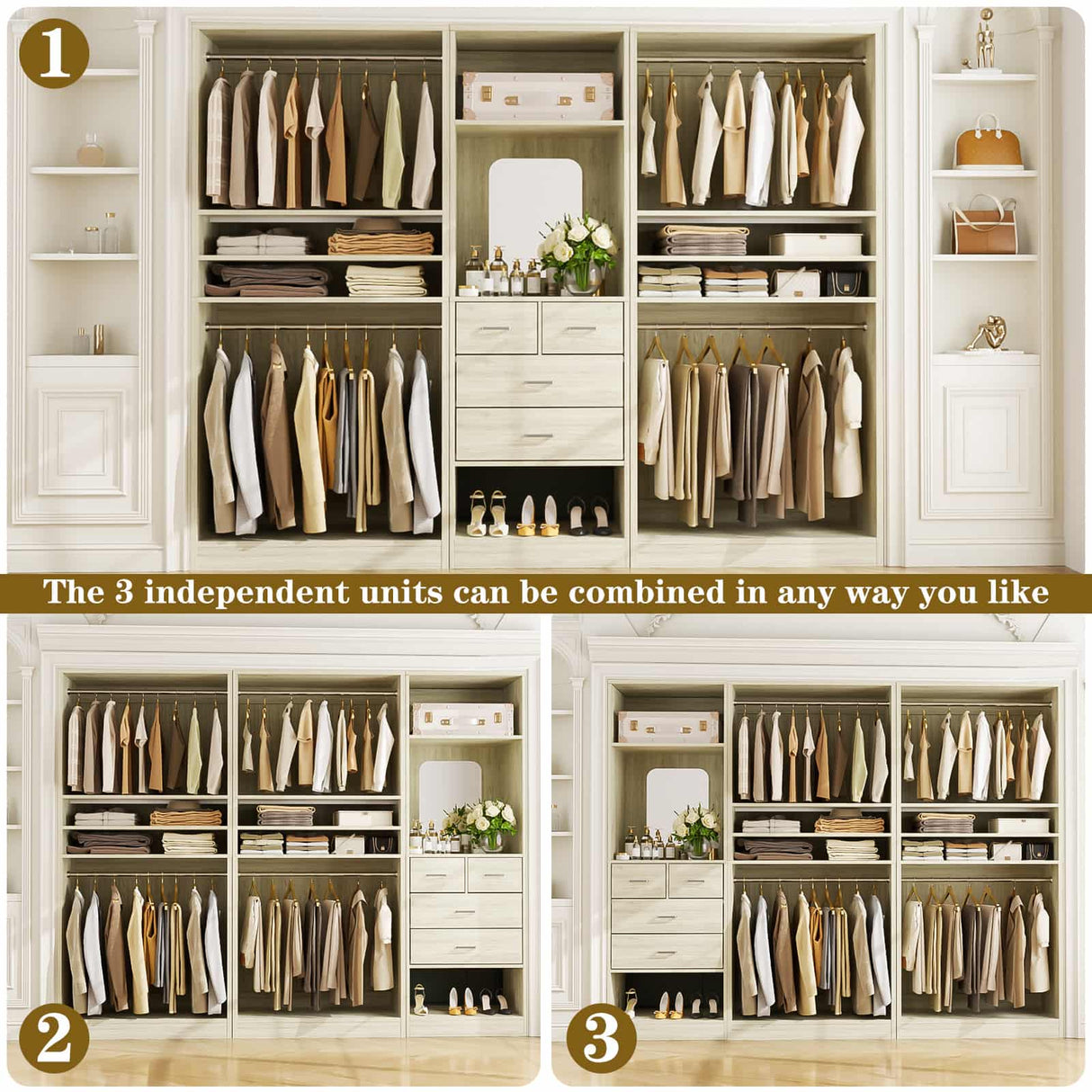 98” Closet System with Mirror & 4 Drawers, 8.2FT Heavy Duty Wood Closet Organizer with 4 Hanging Rods