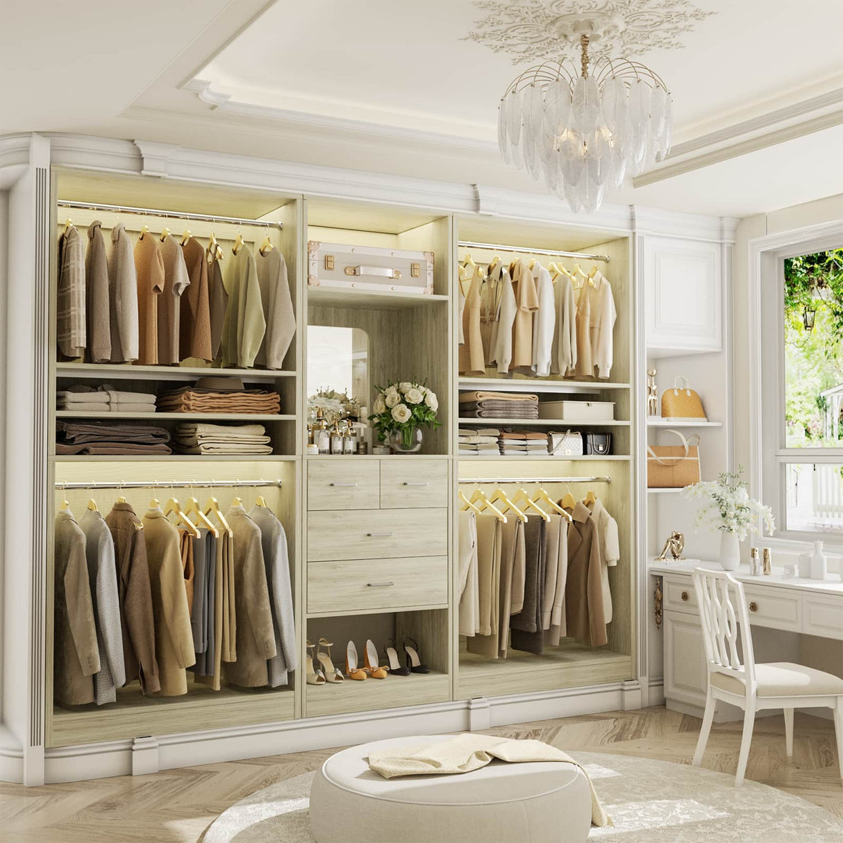 98” Closet System with Mirror & 4 Drawers, 8.2FT Heavy Duty Wood Closet Organizer with 4 Hanging Rods