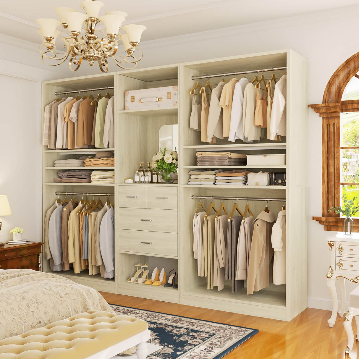 98” Closet System with Mirror & 4 Drawers, 8.2FT Heavy Duty Wood Closet Organizer with 4 Hanging Rods