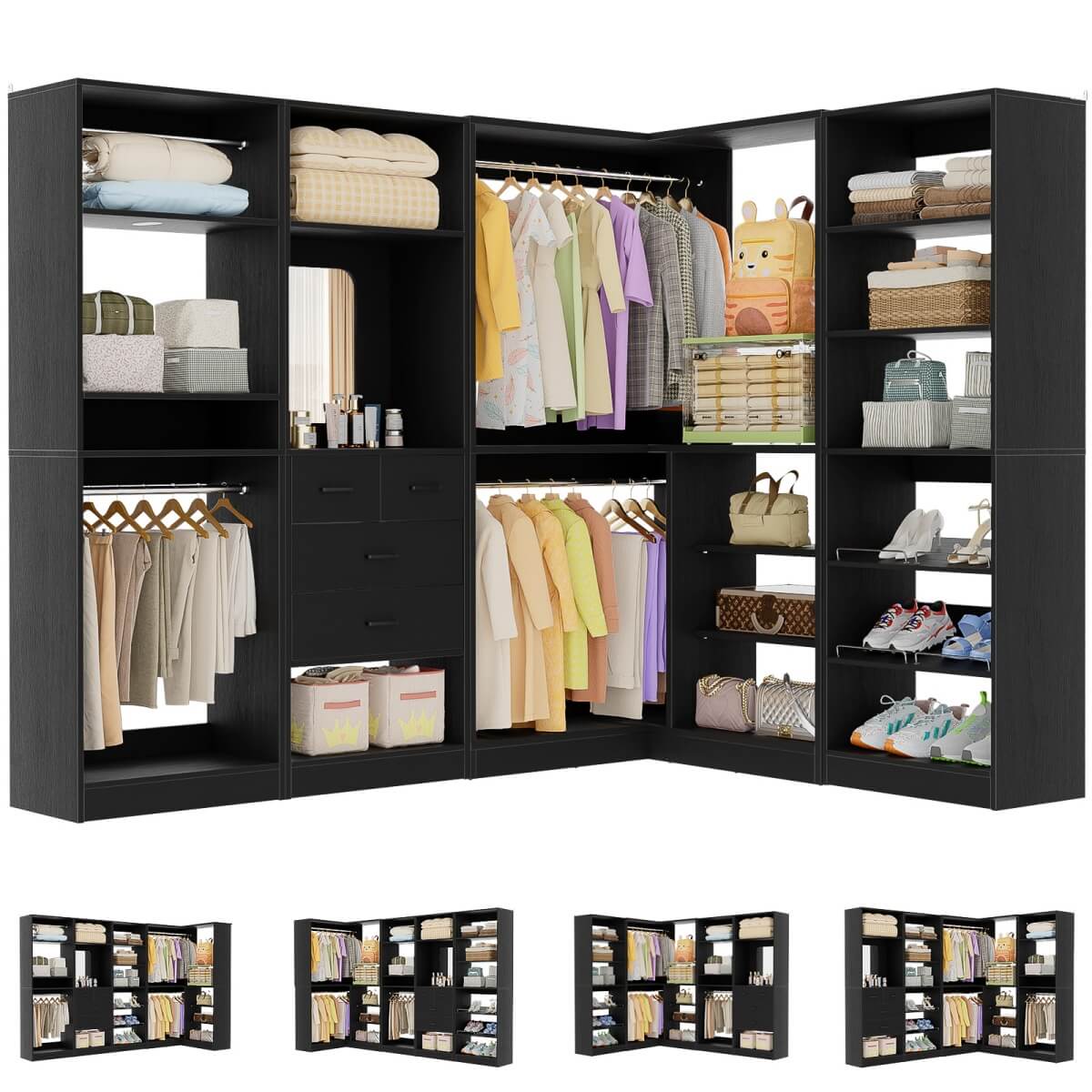 110'' Closet System with 4 Sets, Freestanding Heavy Duty Walk In Closet Organizer Tower with 4 Hanging Rods and 4 Drawers, Max Load 3000 LBS