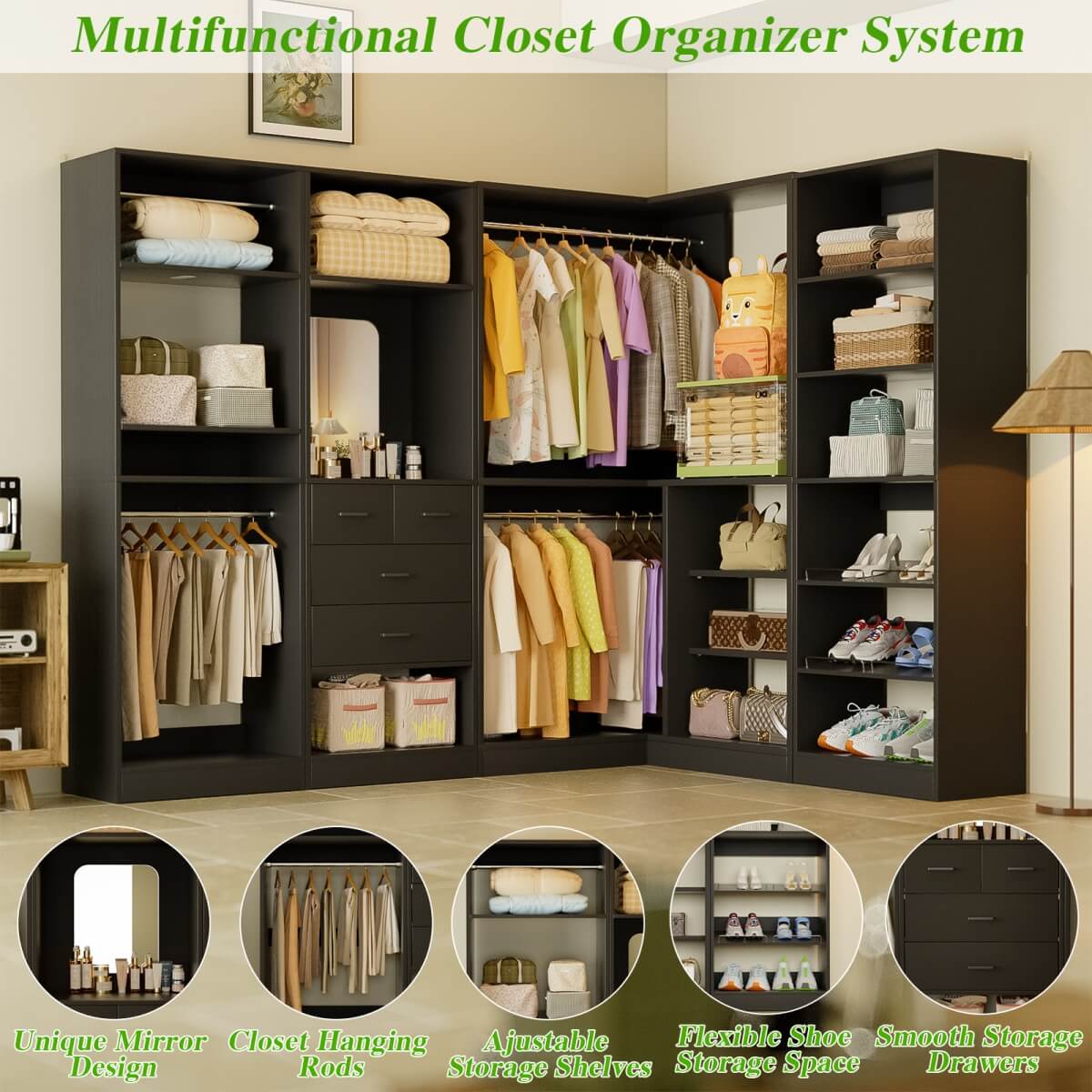 110'' Closet System with 4 Sets, Freestanding Heavy Duty Walk In Closet Organizer Tower with 4 Hanging Rods and 4 Drawers, Max Load 3000 LBS