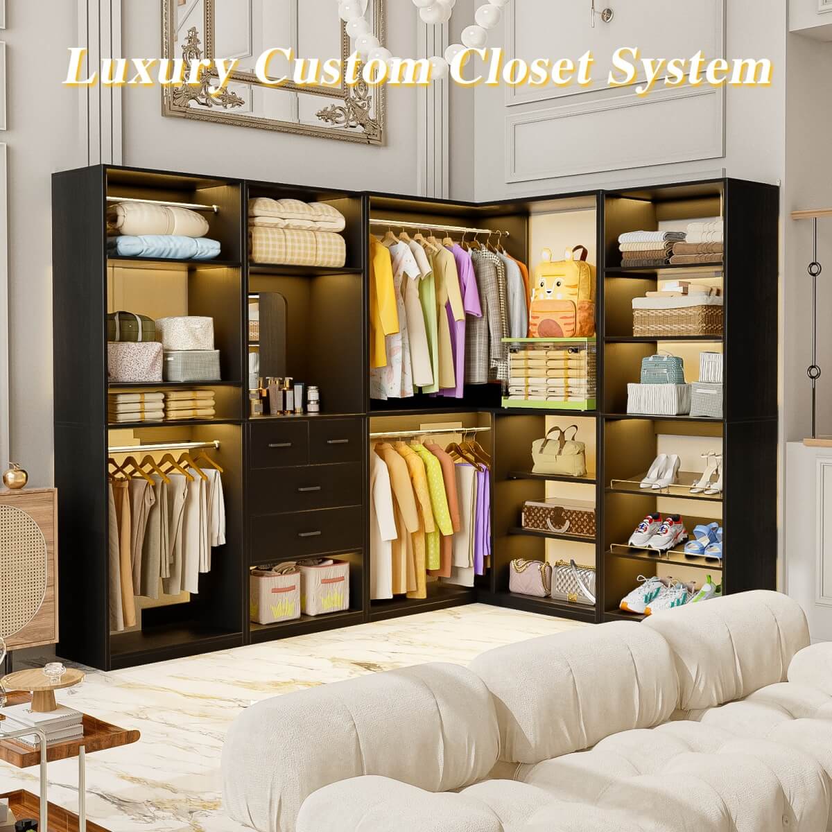 110'' Closet System with 4 Sets, Freestanding Heavy Duty Walk In Closet Organizer Tower with 4 Hanging Rods and 4 Drawers, Max Load 3000 LBS