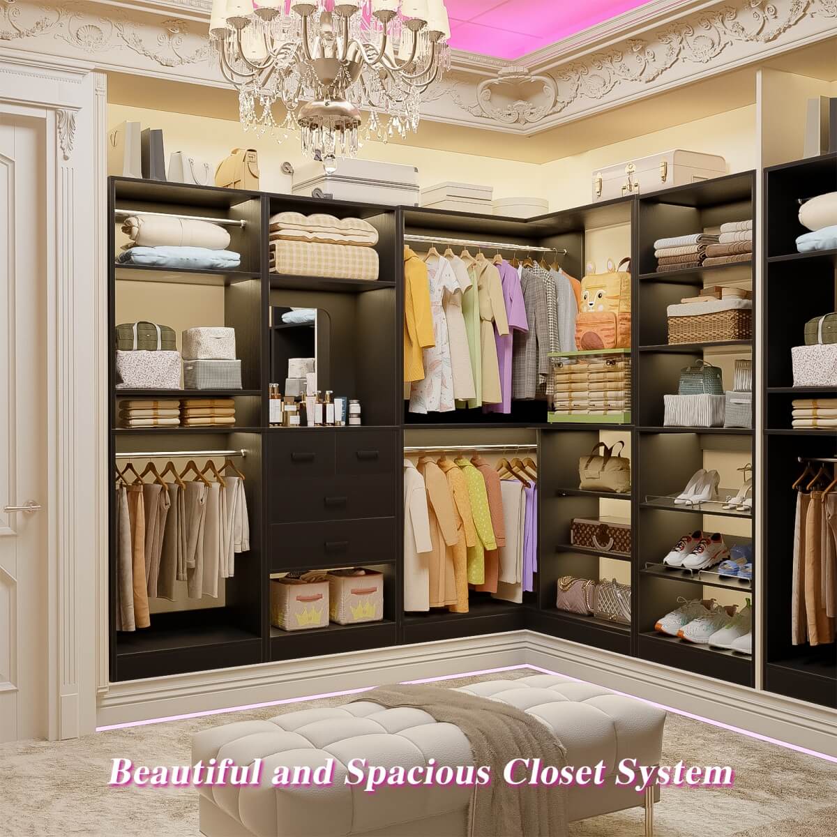 110'' Closet System with 4 Sets, Freestanding Heavy Duty Walk In Closet Organizer Tower with 4 Hanging Rods and 4 Drawers, Max Load 3000 LBS