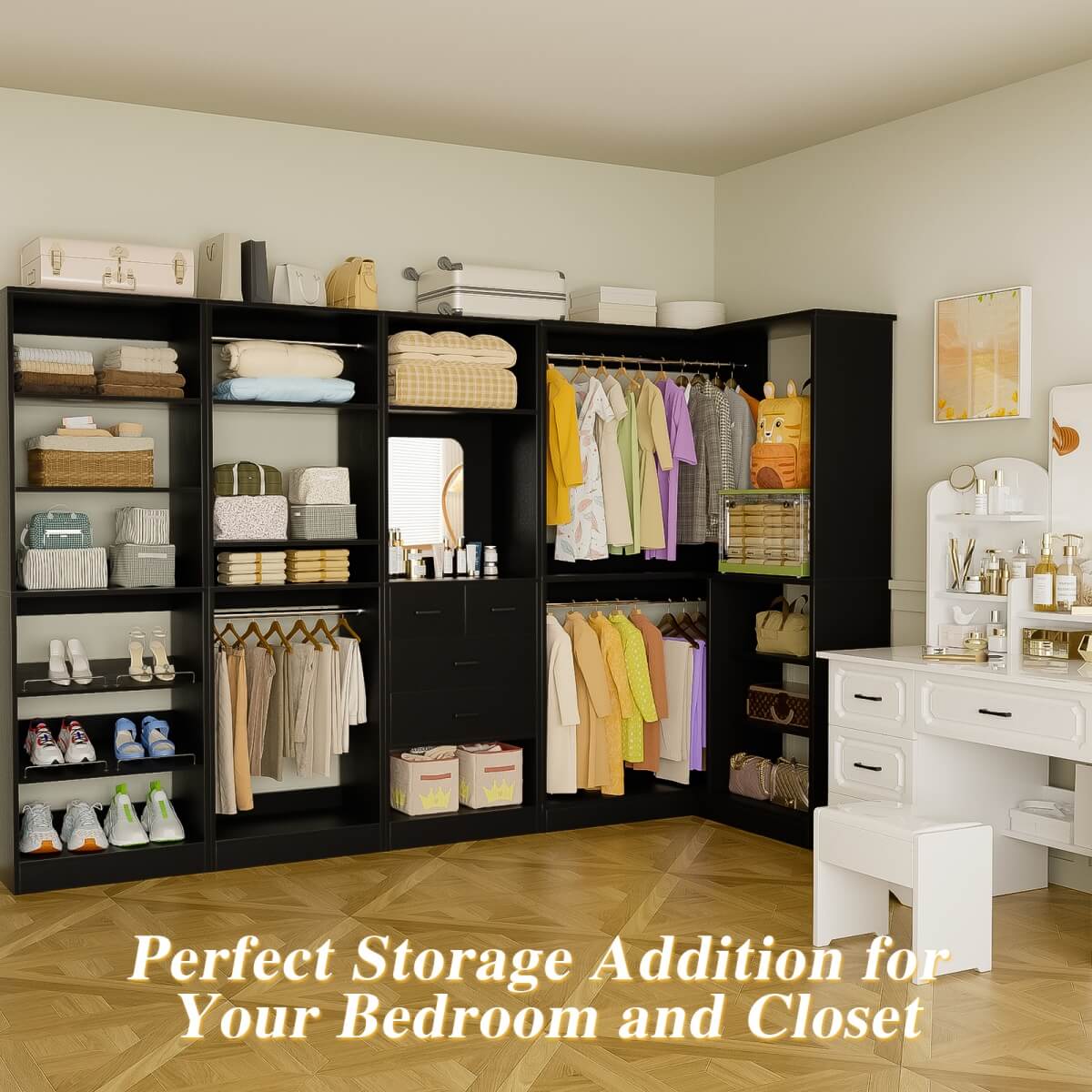 110'' Closet System with 4 Sets, Freestanding Heavy Duty Walk In Closet Organizer Tower with 4 Hanging Rods and 4 Drawers, Max Load 3000 LBS