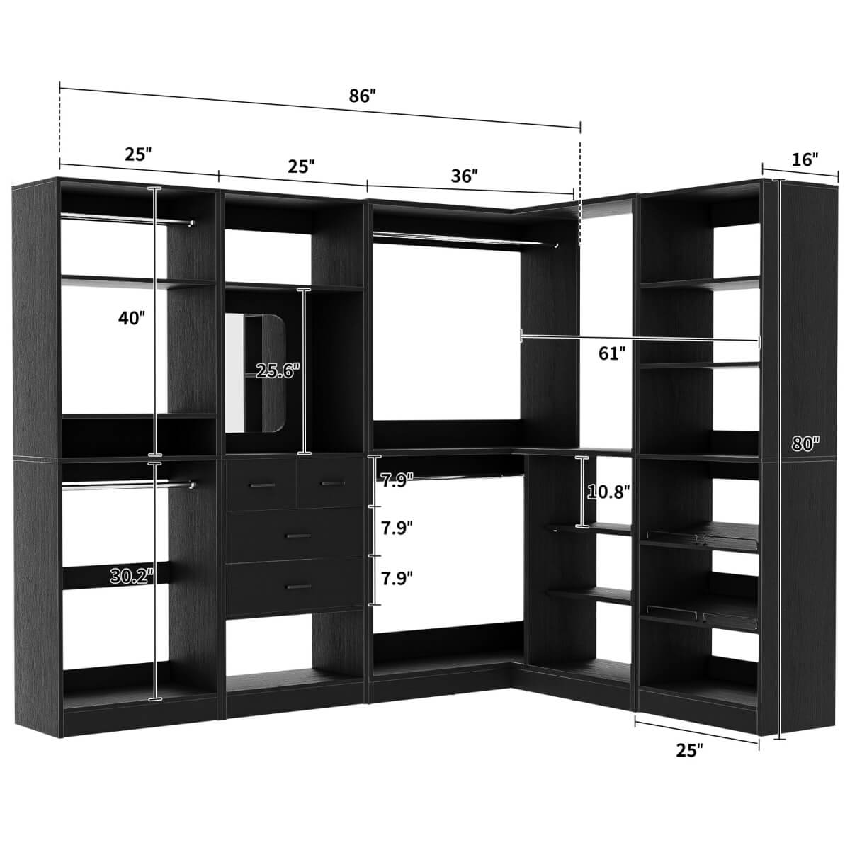 110'' Closet System with 4 Sets, Freestanding Heavy Duty Walk In Closet Organizer Tower with 4 Hanging Rods and 4 Drawers, Max Load 3000 LBS