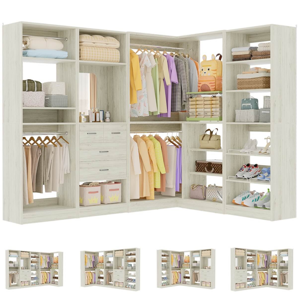 110'' Closet System with 4 Sets, Freestanding Heavy Duty Walk In Closet Organizer Tower with 4 Hanging Rods and 4 Drawers, Max Load 3000 LBS