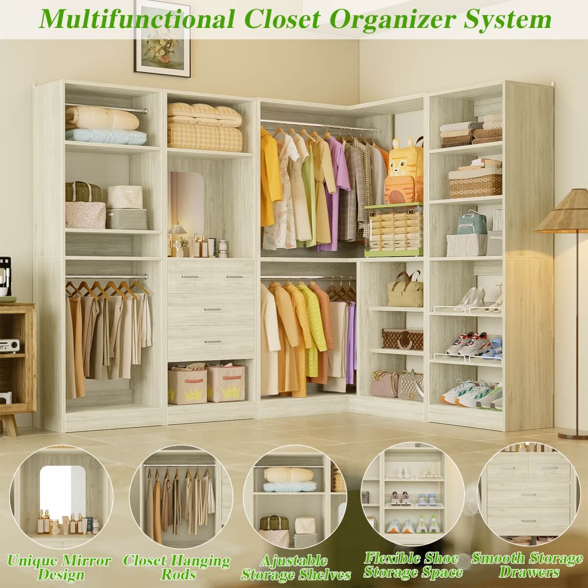 110'' Closet System with 4 Sets, Freestanding Heavy Duty Walk In Closet Organizer Tower with 4 Hanging Rods and 4 Drawers, Max Load 3000 LBS