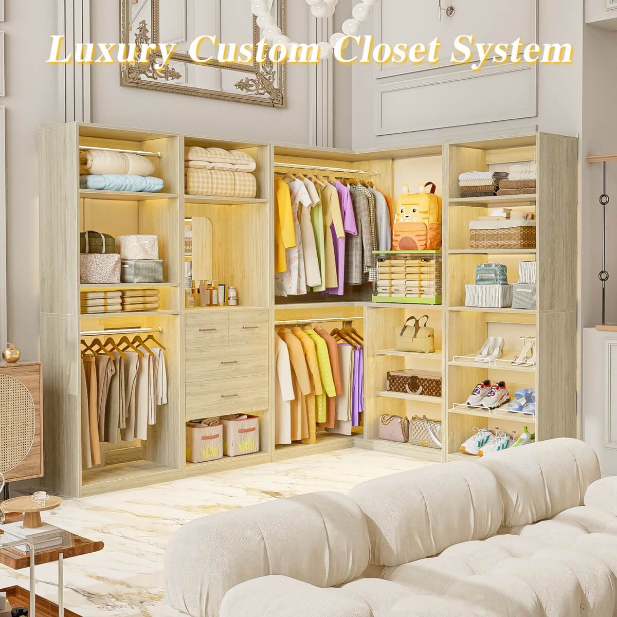 110'' Closet System with 4 Sets, Freestanding Heavy Duty Walk In Closet Organizer Tower with 4 Hanging Rods and 4 Drawers, Max Load 3000 LBS