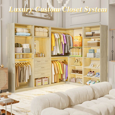 110'' Closet System with 4 Sets, Freestanding Heavy Duty Walk In Closet Organizer Tower with 4 Hanging Rods and 4 Drawers, Max Load 3000 LBS