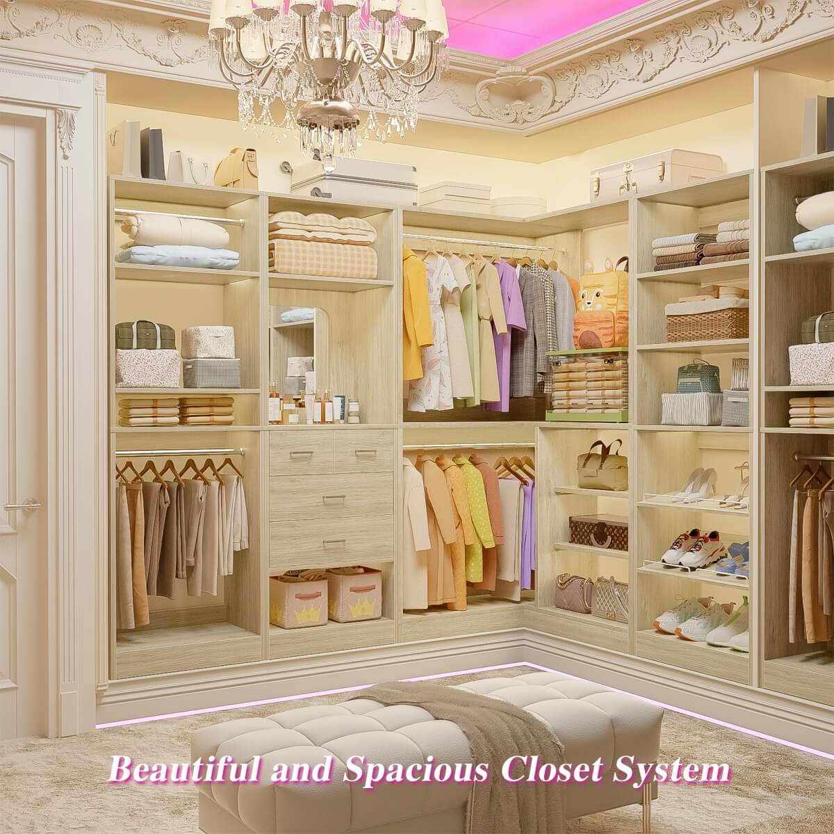 110'' Closet System with 4 Sets, Freestanding Heavy Duty Walk In Closet Organizer Tower with 4 Hanging Rods and 4 Drawers, Max Load 3000 LBS