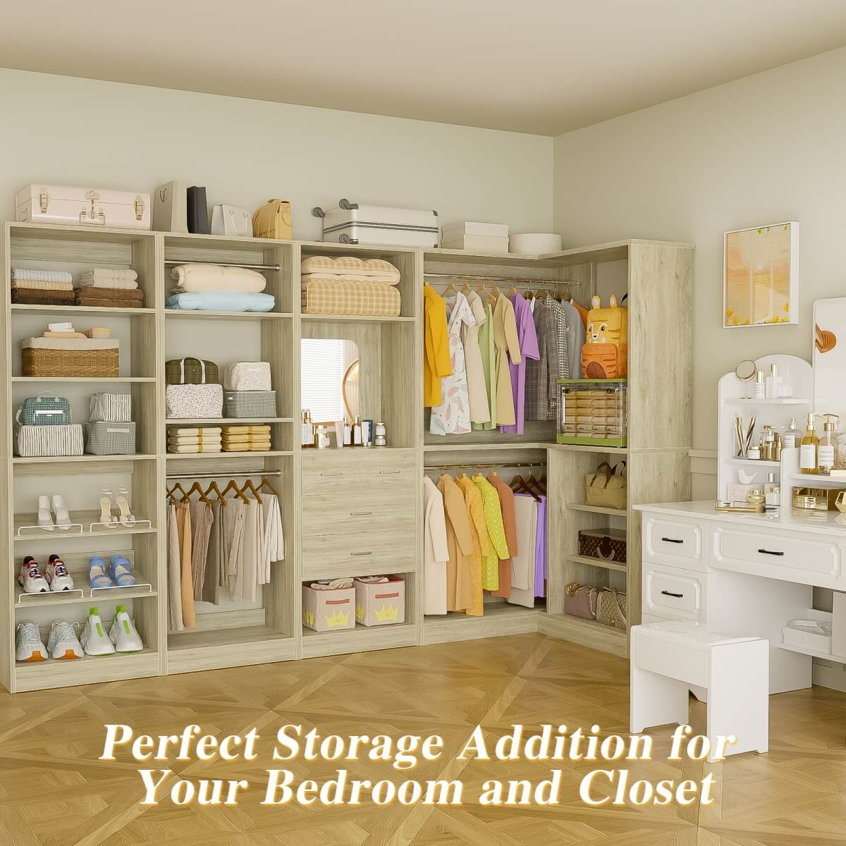 110'' Closet System with 4 Sets, Freestanding Heavy Duty Walk In Closet Organizer Tower with 4 Hanging Rods and 4 Drawers, Max Load 3000 LBS